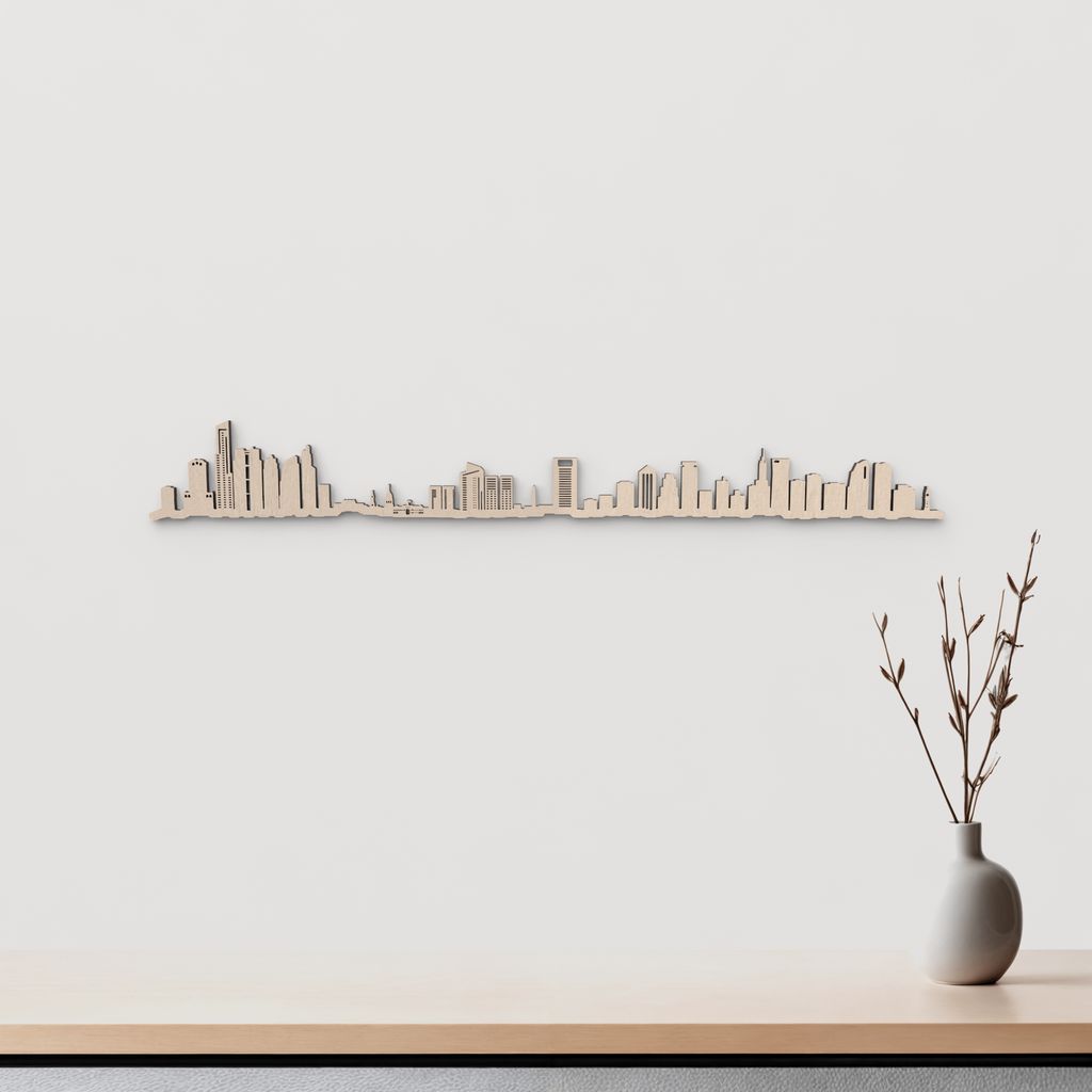 Silueta skyline de Buenos Aires en madera natural para decoración mural.