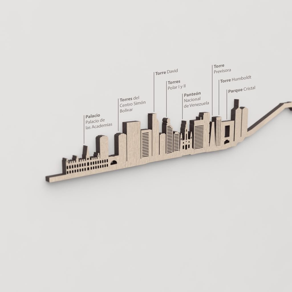 Silueta skyline de Caracas en madera natural para decoración mural.
