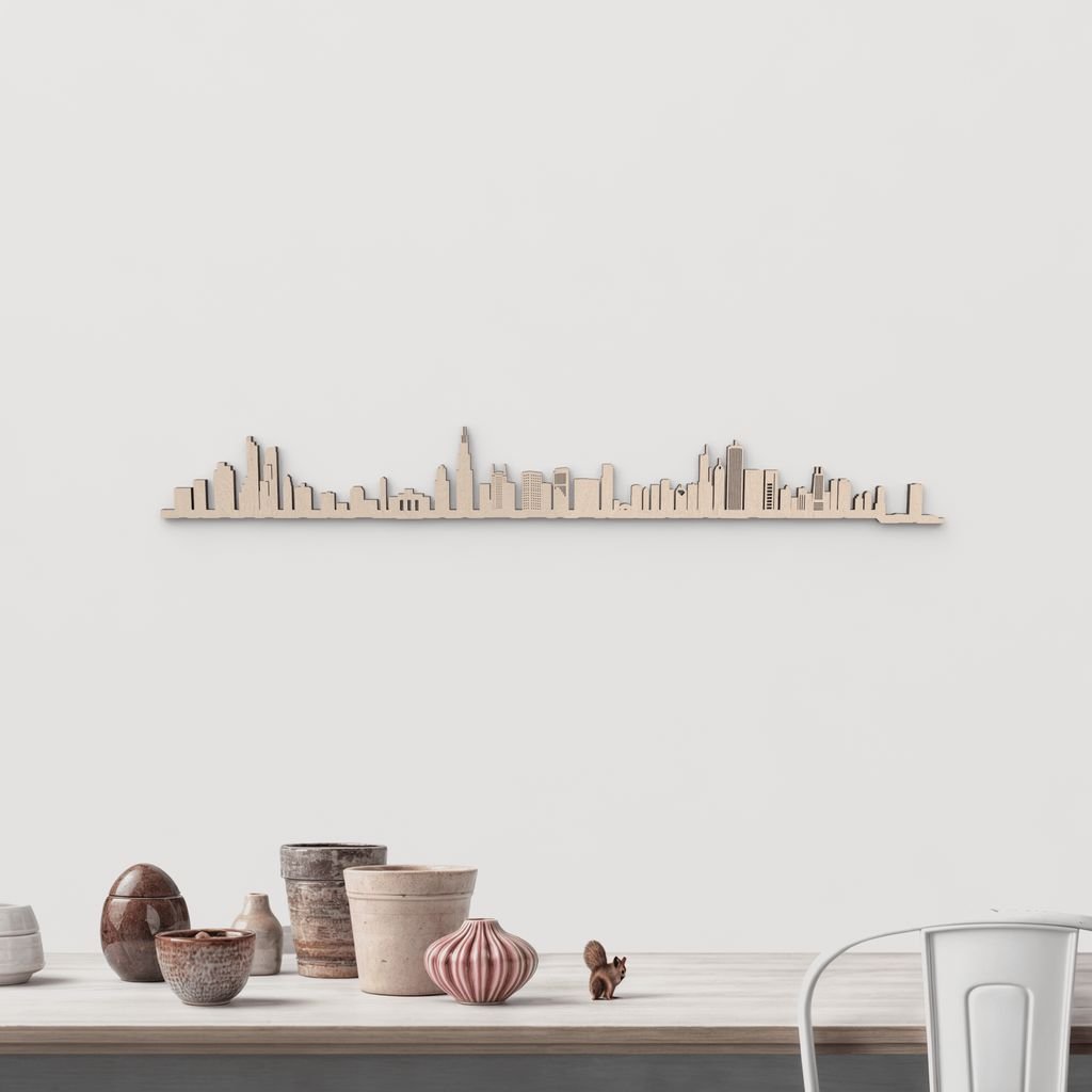Silueta skyline de Chicago en madera natural para decoración mural.