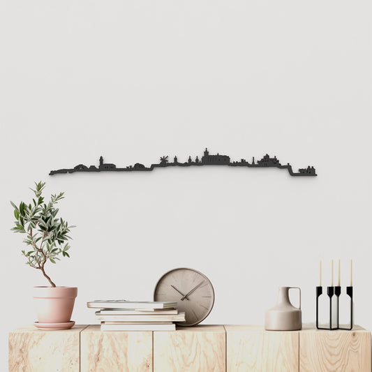 Skyline Ciutadella de madera negra, silueta decorativa de pared.