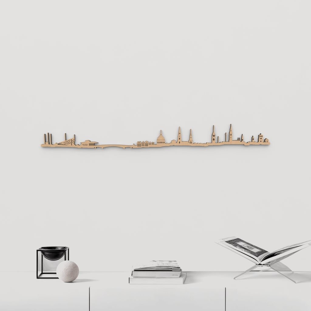 Skyline Copenhague de madera marrón para decoración de pared.