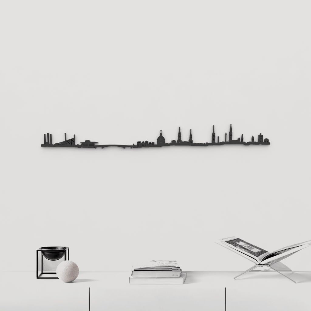 Skyline Copenhague de madera negra, silueta decorativa de pared.