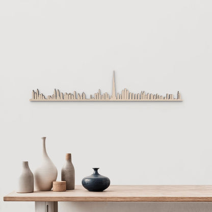 Silueta de Dubái en madera natural para decoración mural contemporánea.