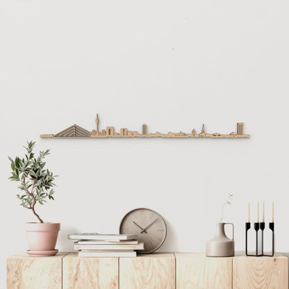 Skyline Düsseldorf de madera marrón para decoración de pared.