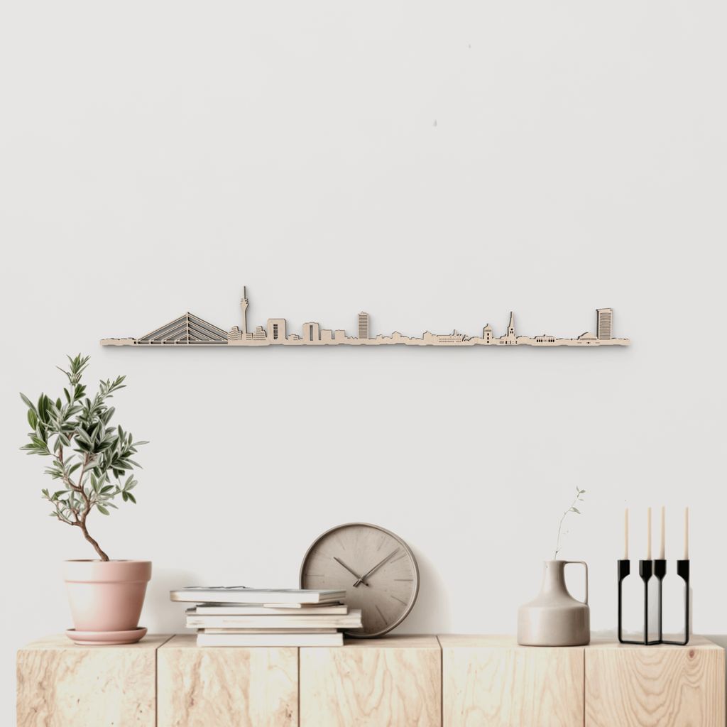 Skyline Düsseldorf en madera natural para decoración mural.