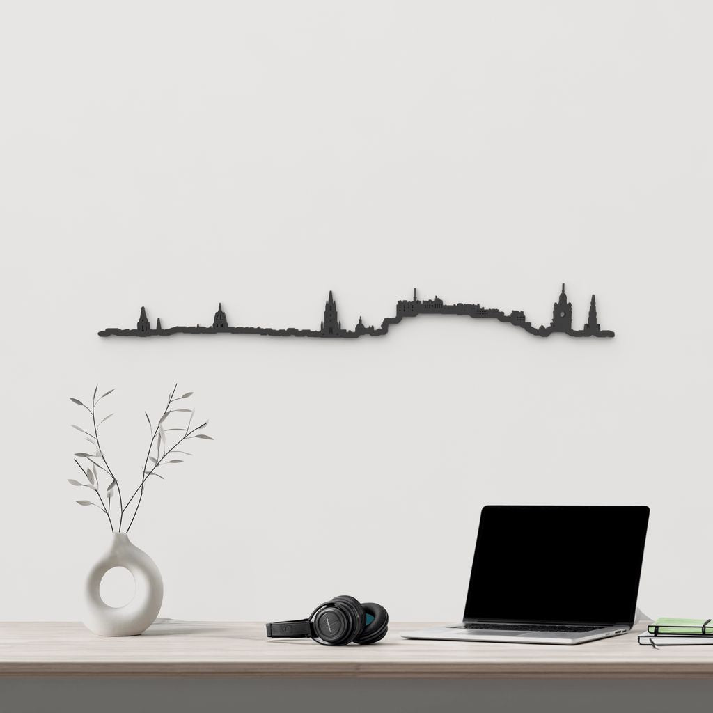 Skyline Edimburgo de madera negra, silueta decorativa de pared.