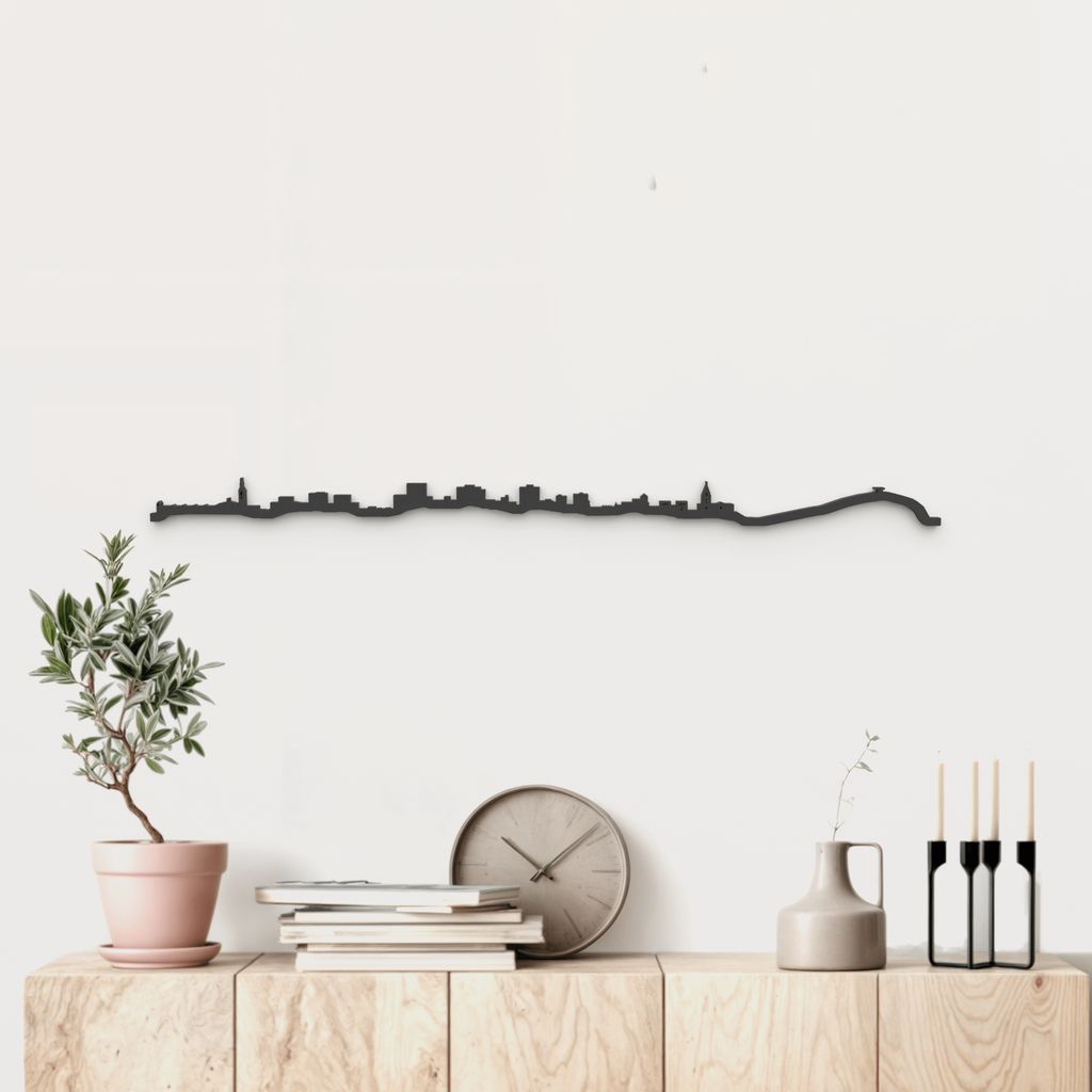 Skyline Gijón-Xixón de madera negra, silueta decorativa de pared.