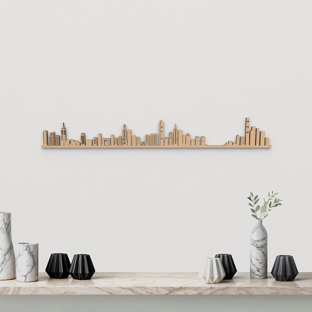Skyline Hong Kong de madera marrón para decoración de pared.