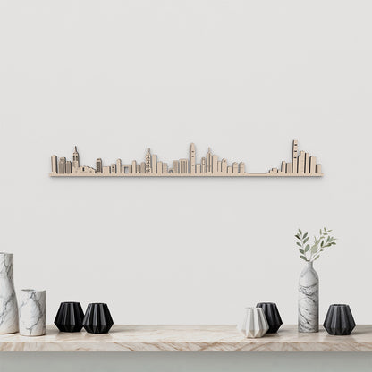 Skyline Hong Kong en madera natural para decoración mural.