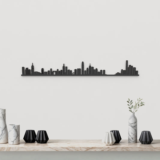 Skyline Hong Kong de madera negra, silueta decorativa de pared.