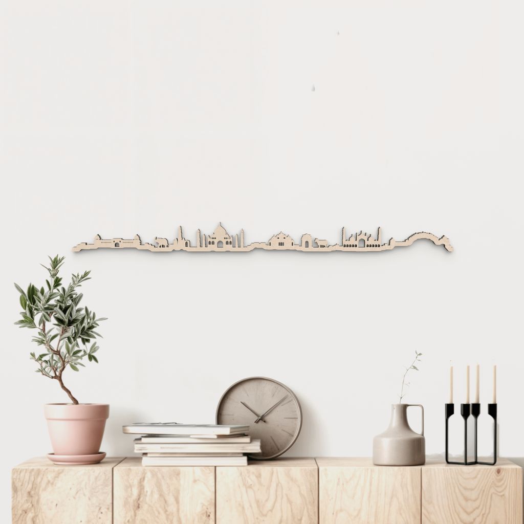 Skyline India en madera natural para decoración mural.