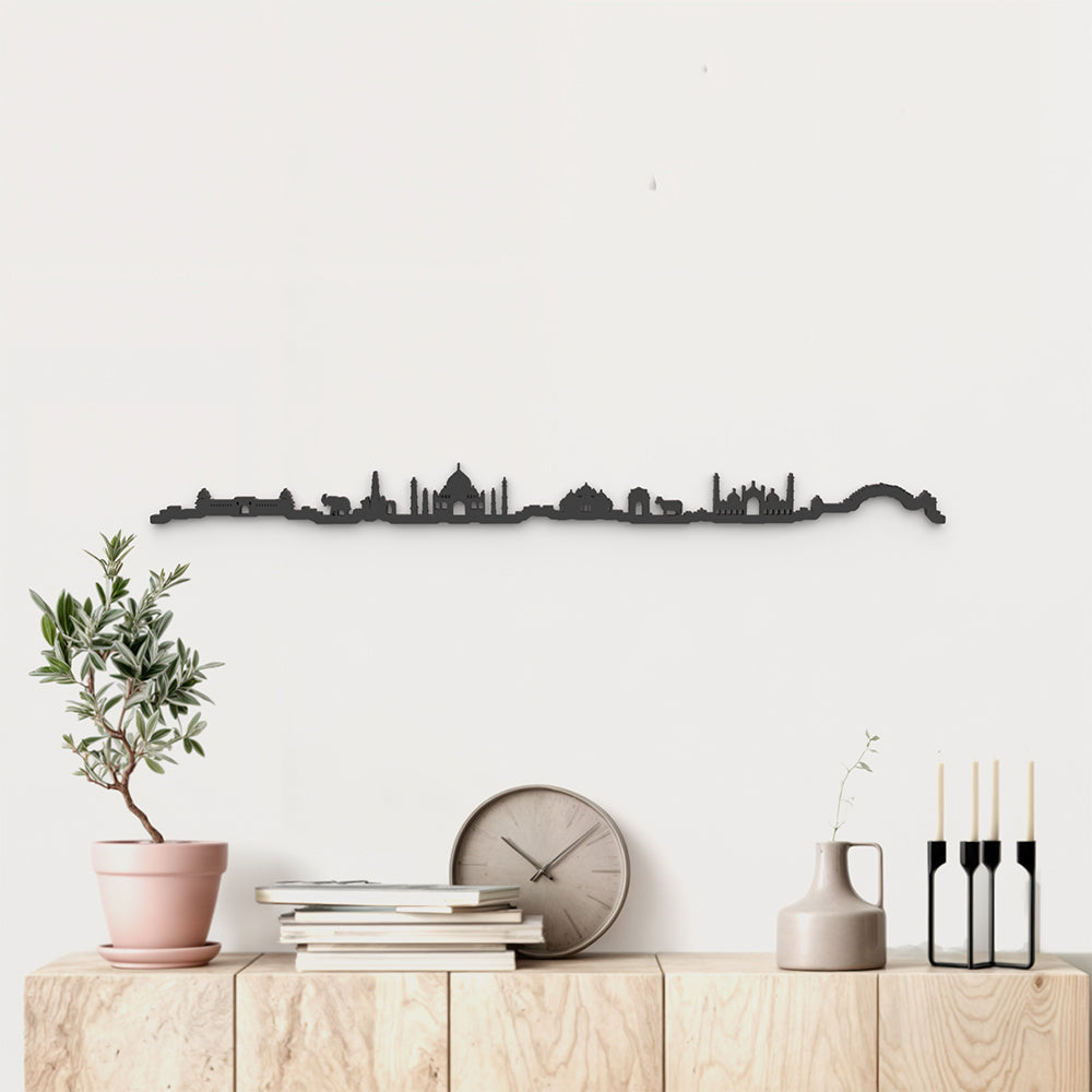 Skyline India de madera negra, silueta decorativa de pared.
