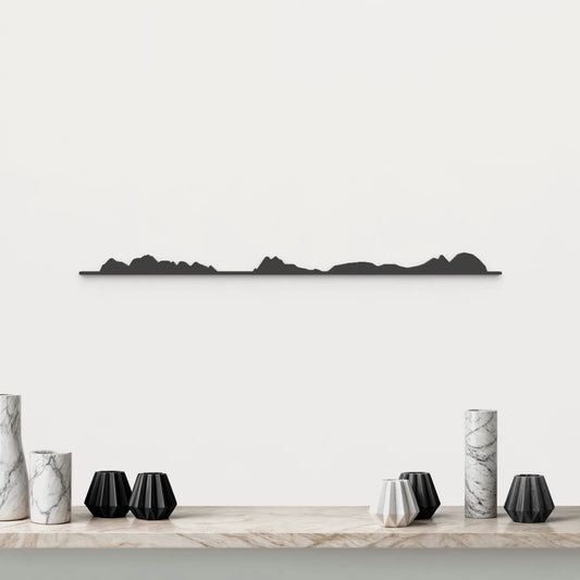 Skyline Islas Cíes de madera negra, silueta decorativa de pared.