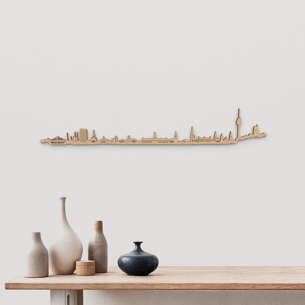 Skyline Karlsruhe de madera marrón para decoración de pared.