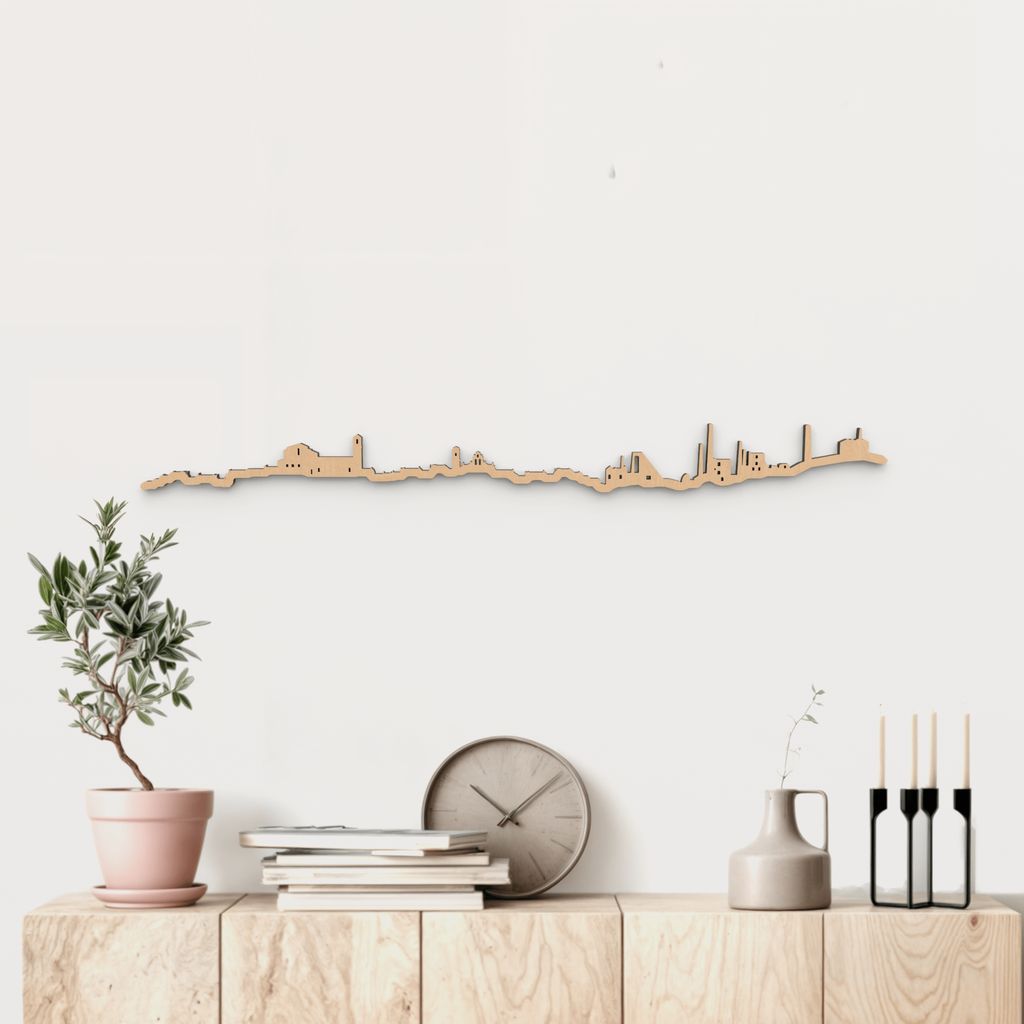 Skyline Linares de madera marrón para decoración de pared.