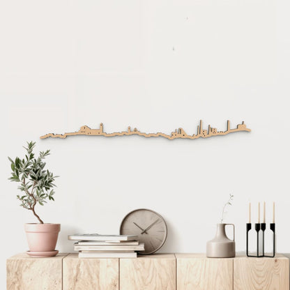Skyline Linares de madera marrón para decoración de pared.