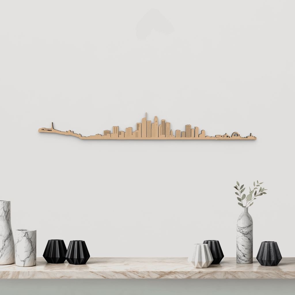Skyline Los Angeles de madera marrón para decoración de pared.