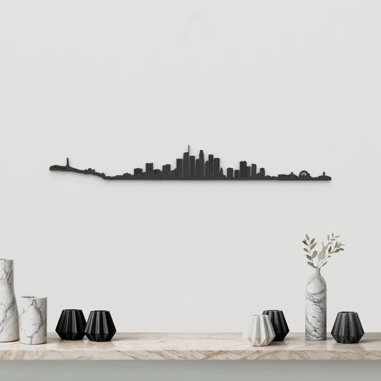 Skyline Los Angeles de madera negra, silueta decorativa de pared.