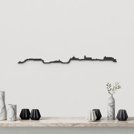 Skyline Maó de madera negra, silueta decorativa de pared.