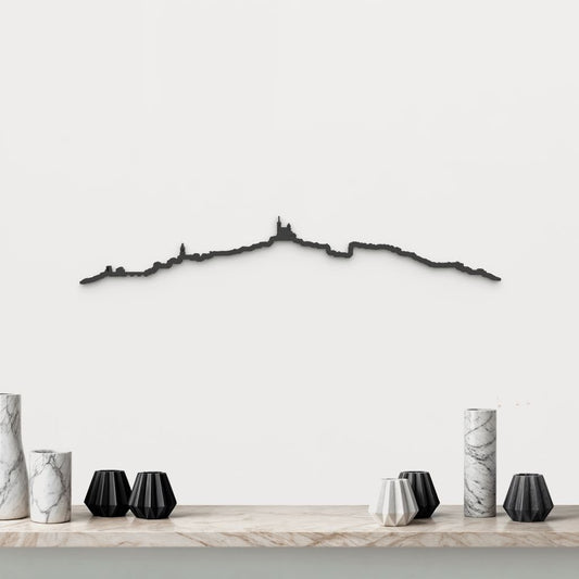 Skyline Marsella de madera negra, silueta decorativa de pared.