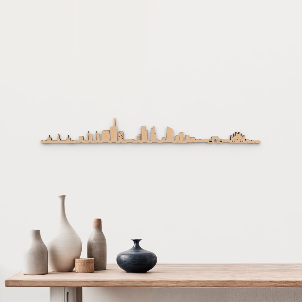 Skyline Milán de madera marrón para decoración de pared.