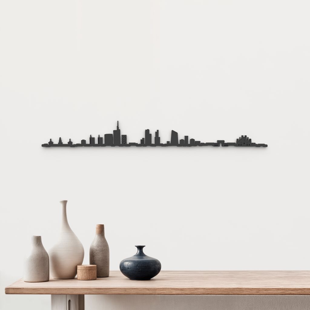 Skyline Milán de madera negra, silueta decorativa de pared.