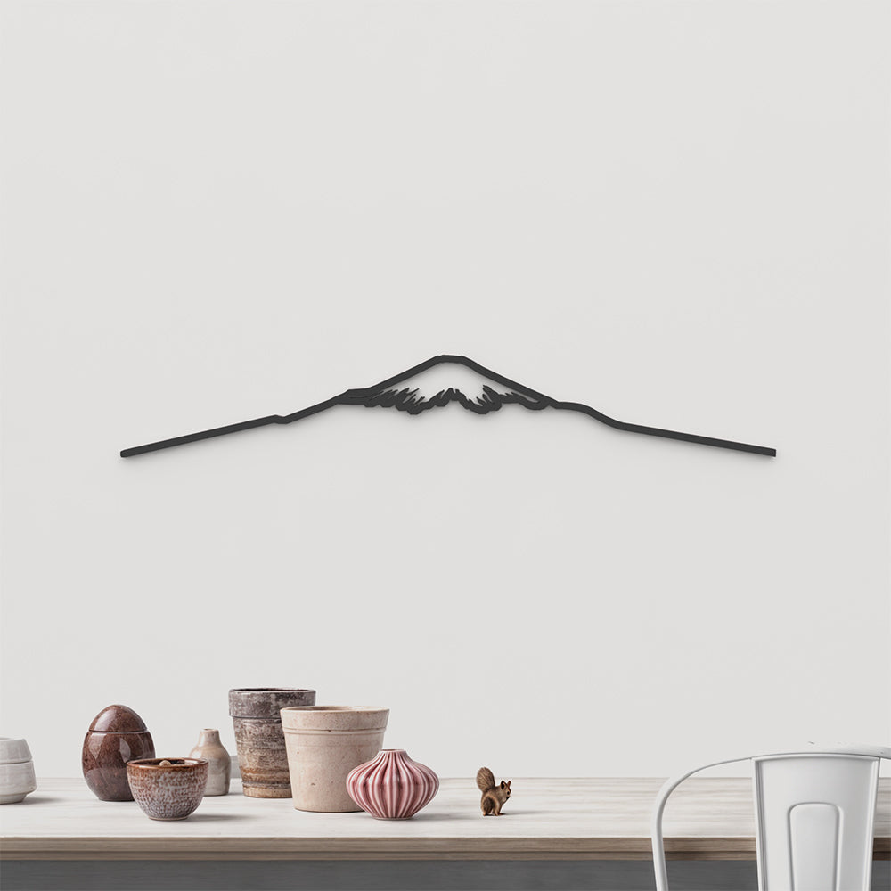 Skyline Monte Fuji de madera negra, silueta decorativa de pared.