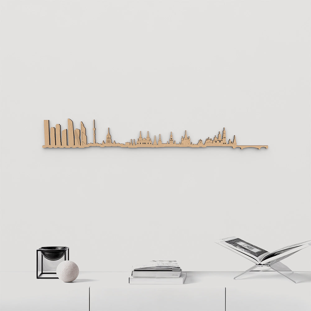 Skyline Moscú de madera marrón para decoración de pared.