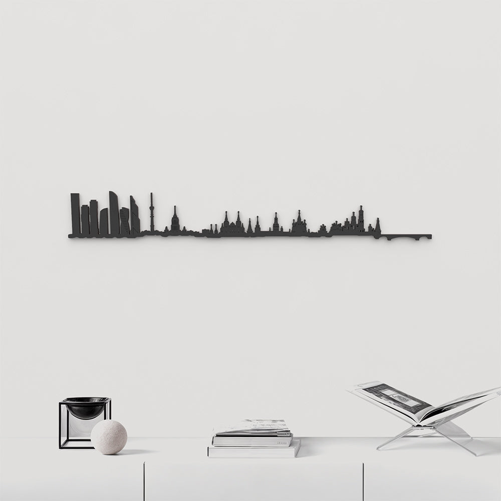 Skyline Moscú de madera negra, silueta decorativa de pared.