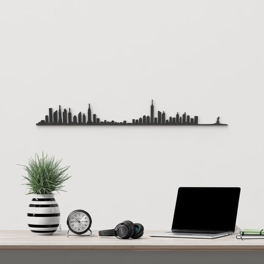 Skyline New York de madera negra, silueta decorativa de pared.