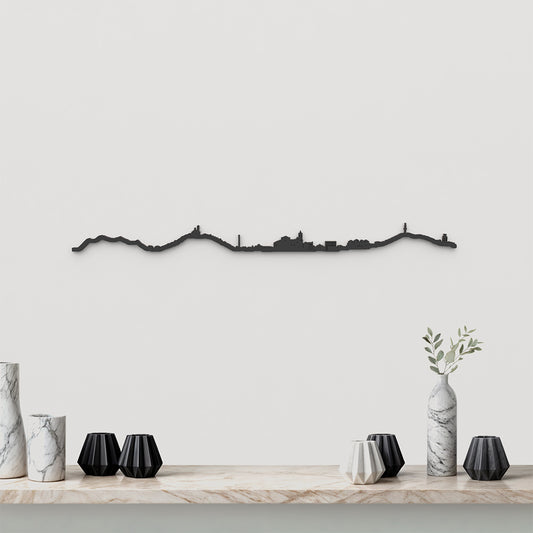 Skyline Olot de madera negra, silueta decorativa de pared.