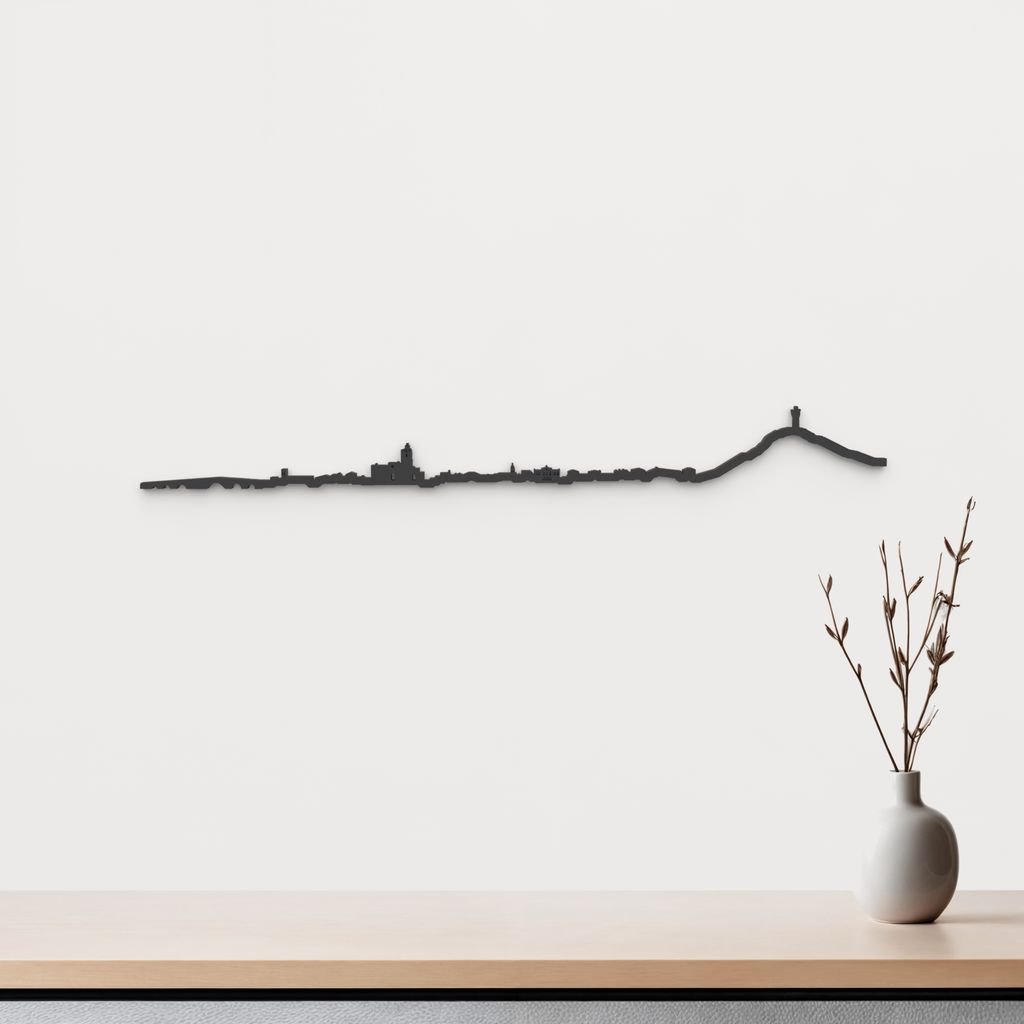 Skyline Palencia de madera negra, silueta decorativa de pared.