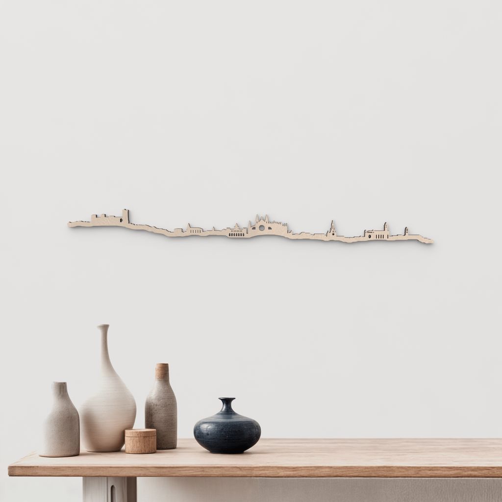 Skyline Palma en madera natural para decoración mural.