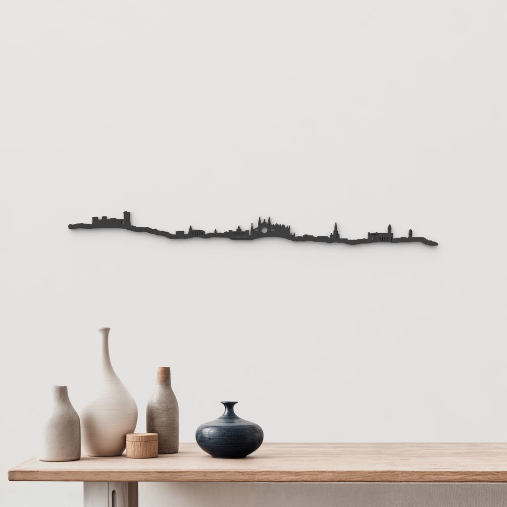 Skyline Palma de madera negra, silueta decorativa de pared.