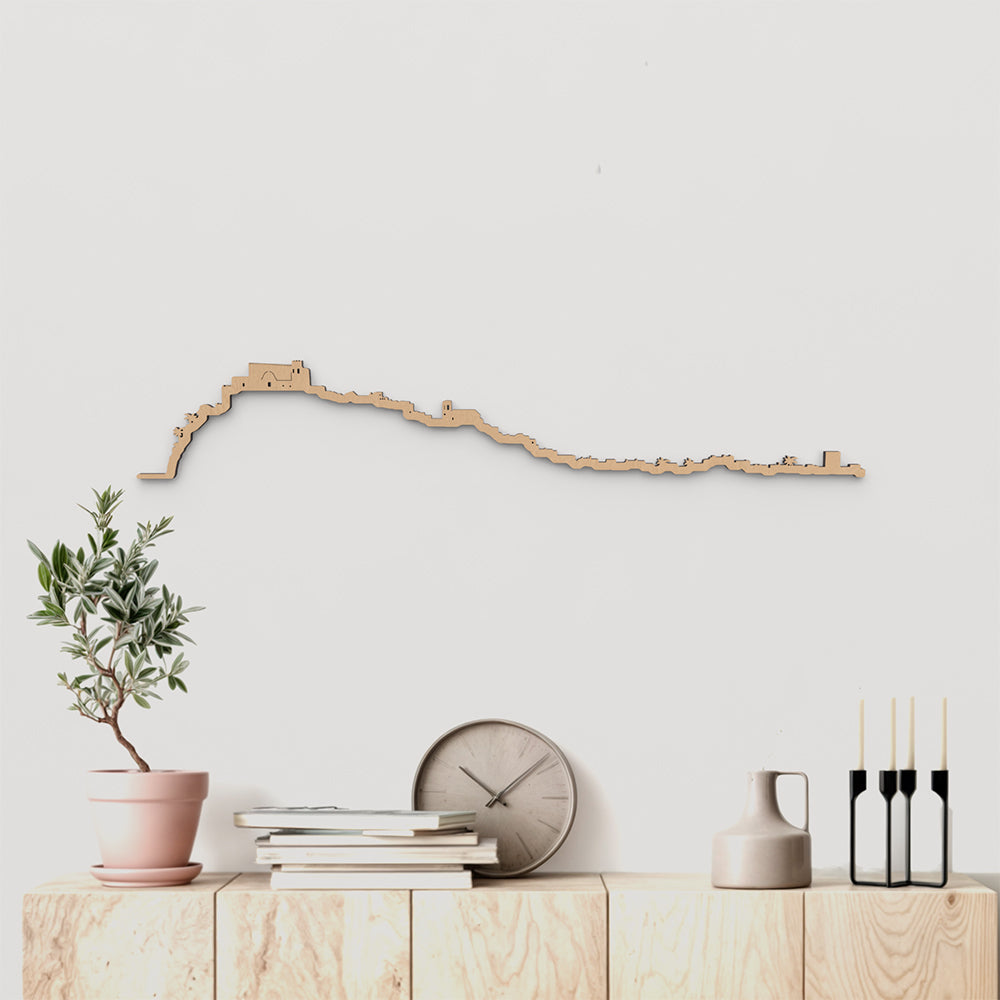 Skyline Peñíscola de madera marrón para decoración de pared.