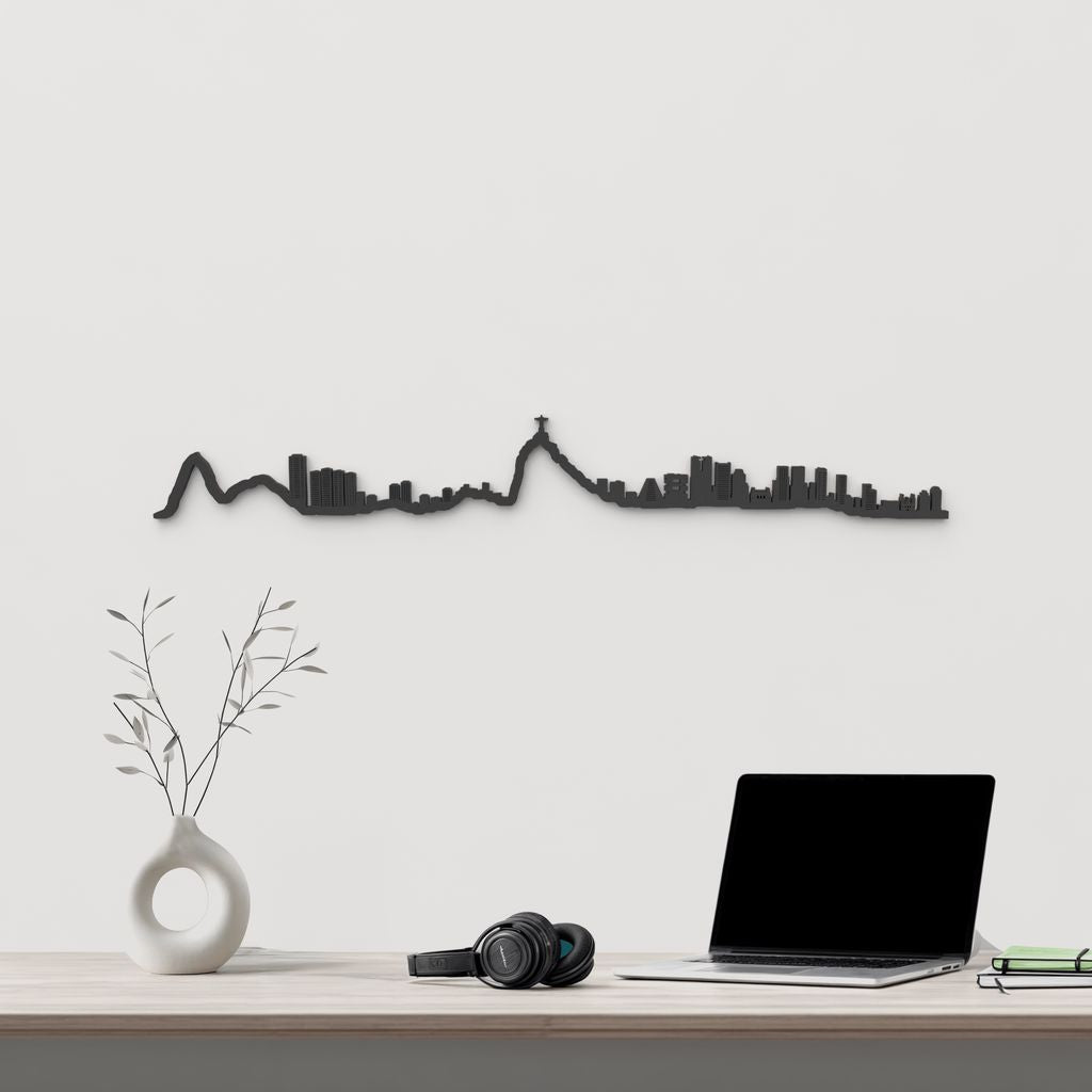 Skyline Río de Janeiro de madera negra, silueta decorativa de pared.
