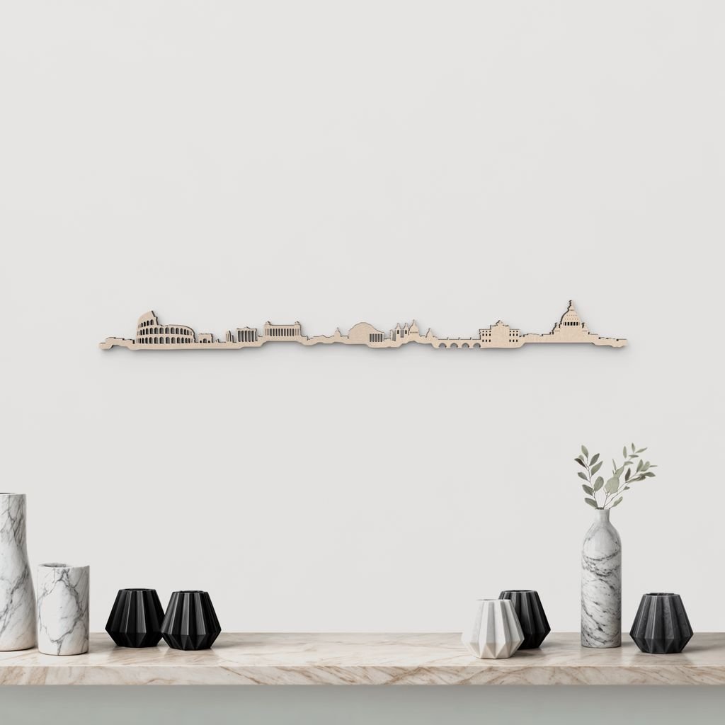 Silueta skyline de Roma en madera natural para decoración mural.