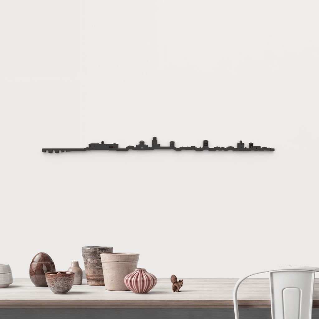 Skyline Sahagún de madera negra, silueta decorativa de pared.