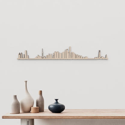 Skyline Shanghái en madera natural para decoración mural.