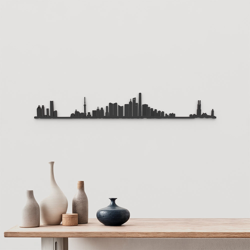 Skyline Shanghái de madera negra, silueta decorativa de pared.