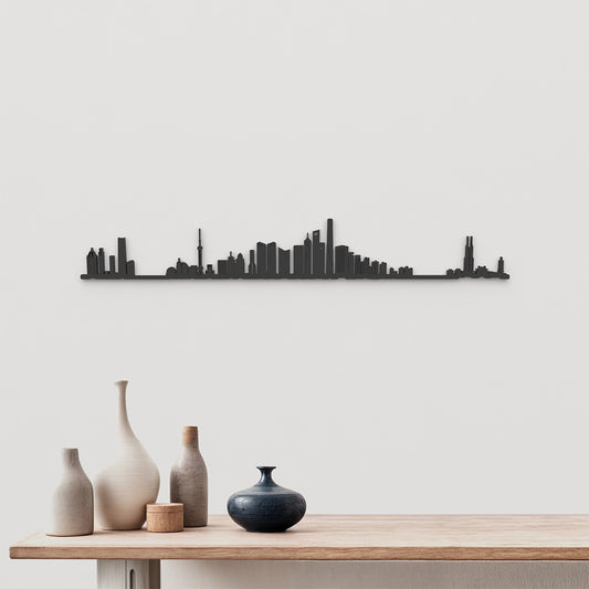Skyline Shanghái de madera negra, silueta decorativa de pared.