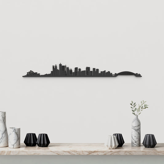 Skyline Sidney de madera negra, silueta decorativa de pared.