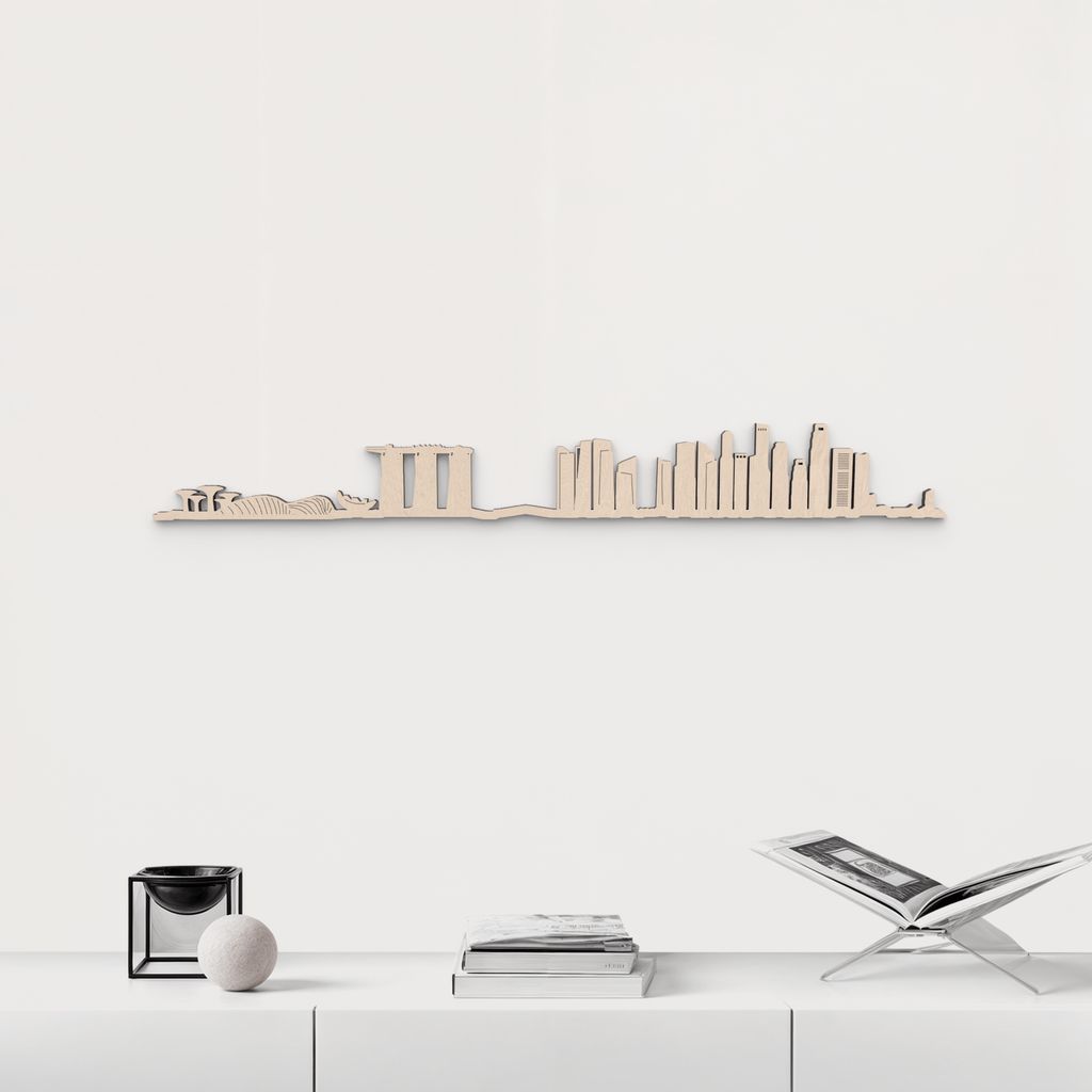 Silueta skyline de Singapore en madera de abedul natural para decoración mural.