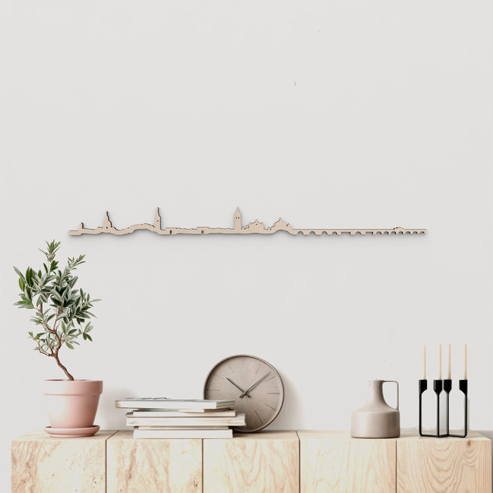 Skyline Talavera de la Reina en madera natural para decoración mural.