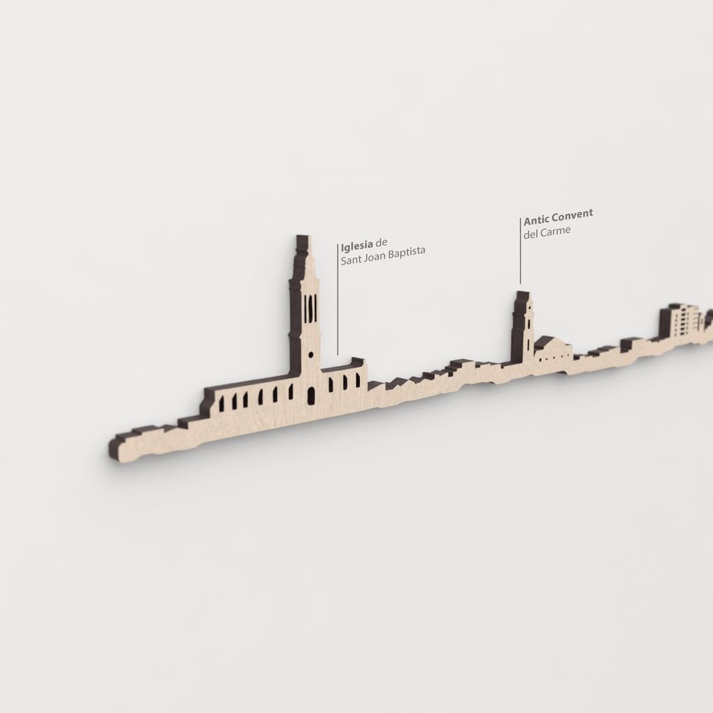 Silueta skyline de Valls en madera de abedul natural para decoración mural.
