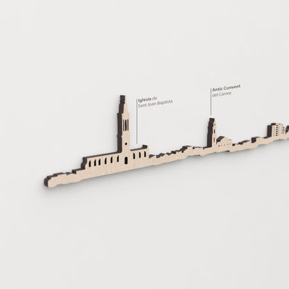 Silueta skyline de Valls en madera de abedul natural para decoración mural.