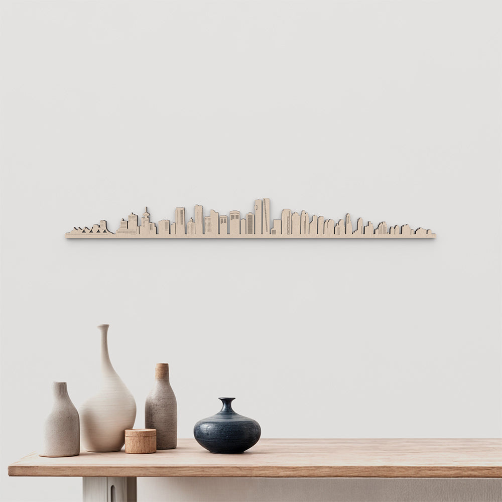 Skyline Vancouver en madera natural para decoración mural.