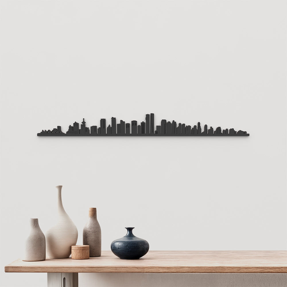 Skyline Vancouver de madera negra, silueta decorativa de pared.