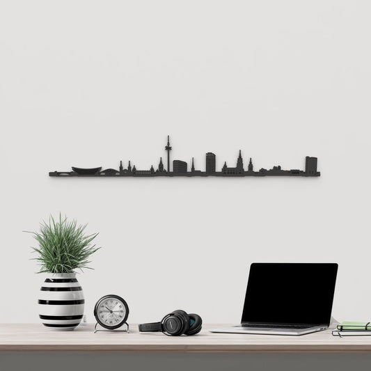 Skyline Wuppertal de madera negra, silueta decorativa de pared.