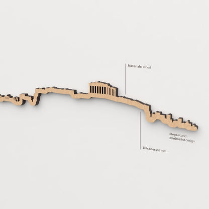 Vista en perspectiva de la silueta del skyline de Athens en madera marrón.